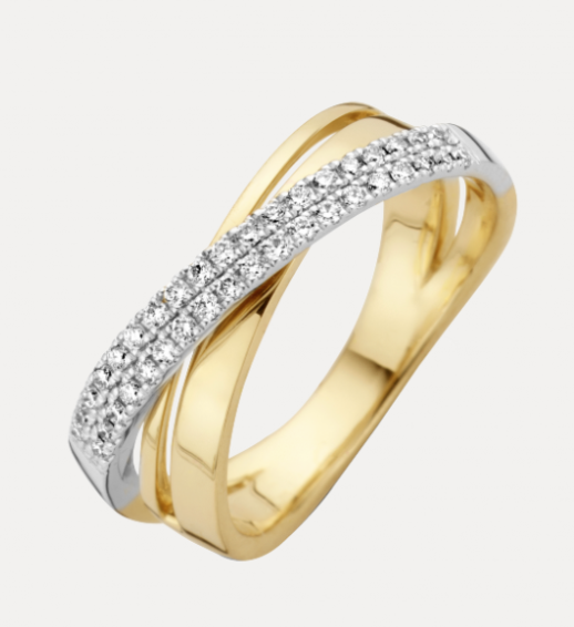 14 KARAAT GEEL- MET WITGOUDEN BICOLOR RING MODEL CIRO MET BRILJANT.
Bicolor briljant ring CIRO heeft 0.27 crt H/Si briljant geslepen diamant.